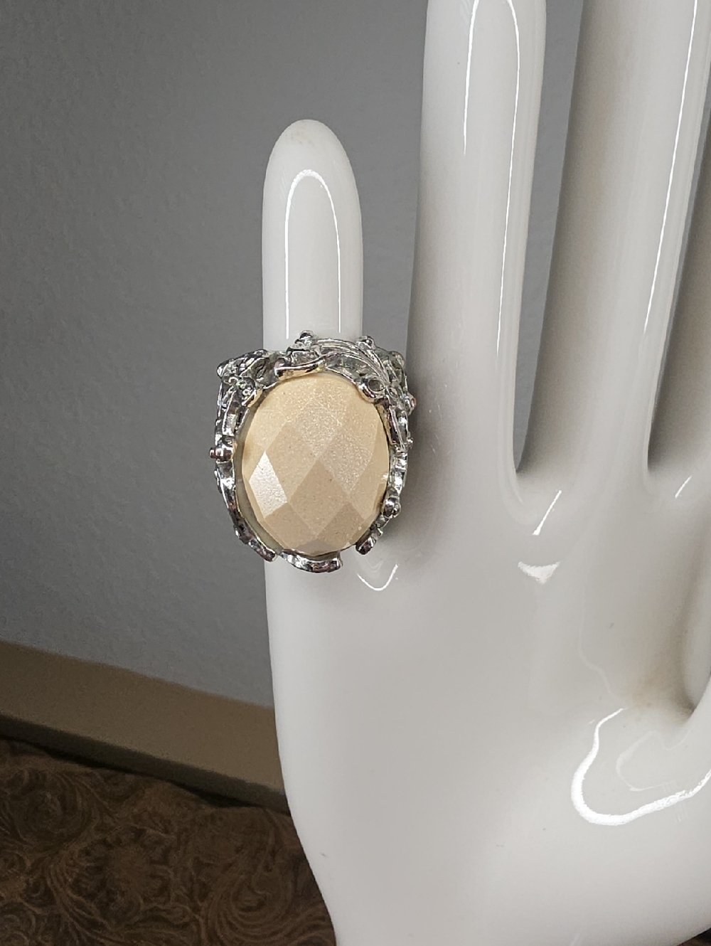 Vintage Domed Oval Faceted Silver Tone Filigree Peach Beige Statement Ring